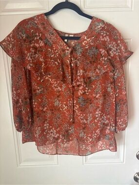 Rust Floral Ruffle Tie-Neck Blouse - Women's